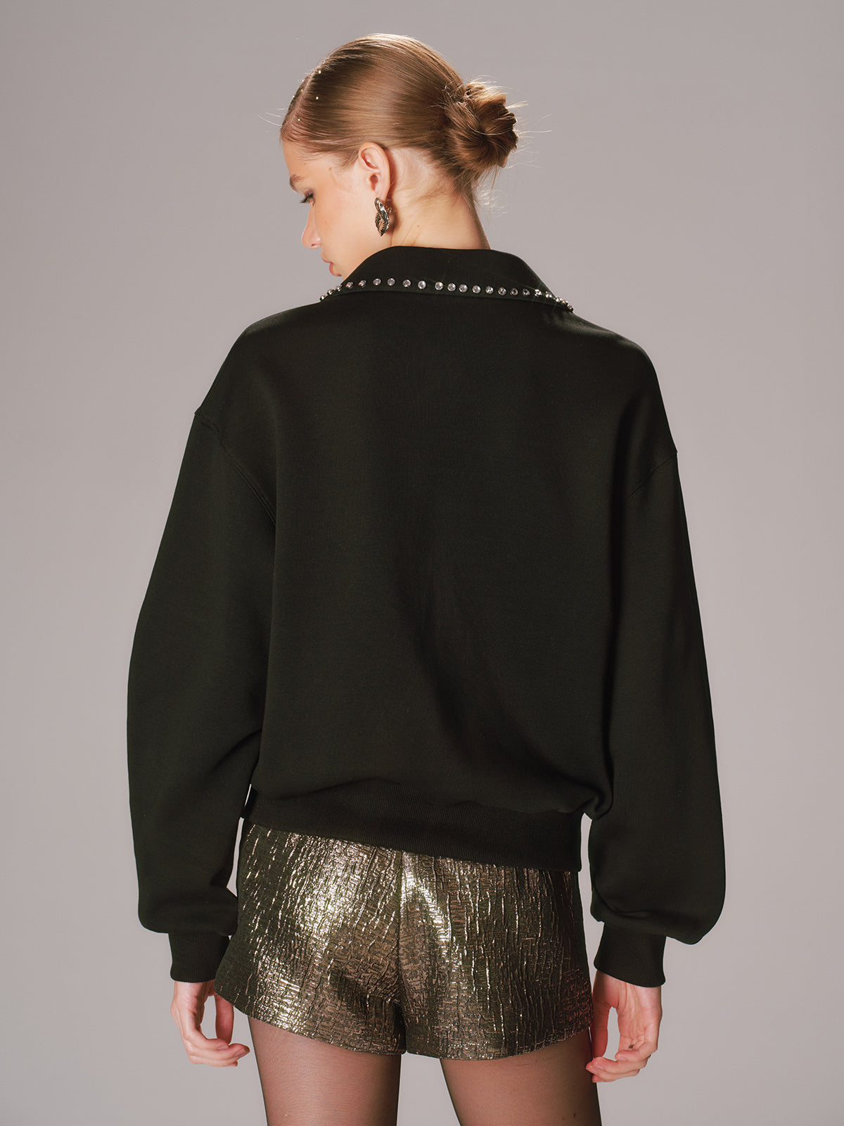 Rhinestone Collar Long-Sleeve Sweatshirt