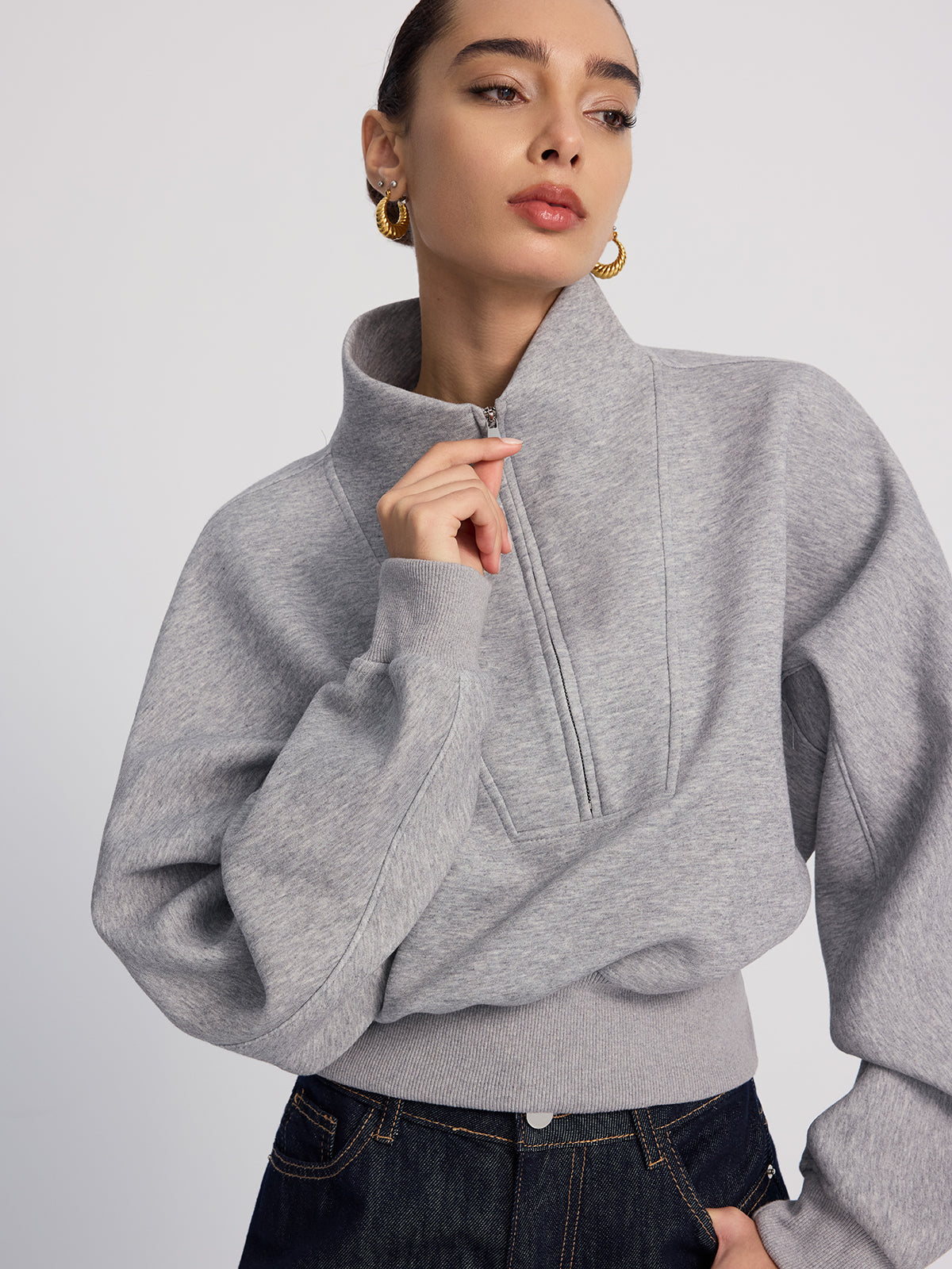 Half-Zip Oversized Cropped Sweatshirt