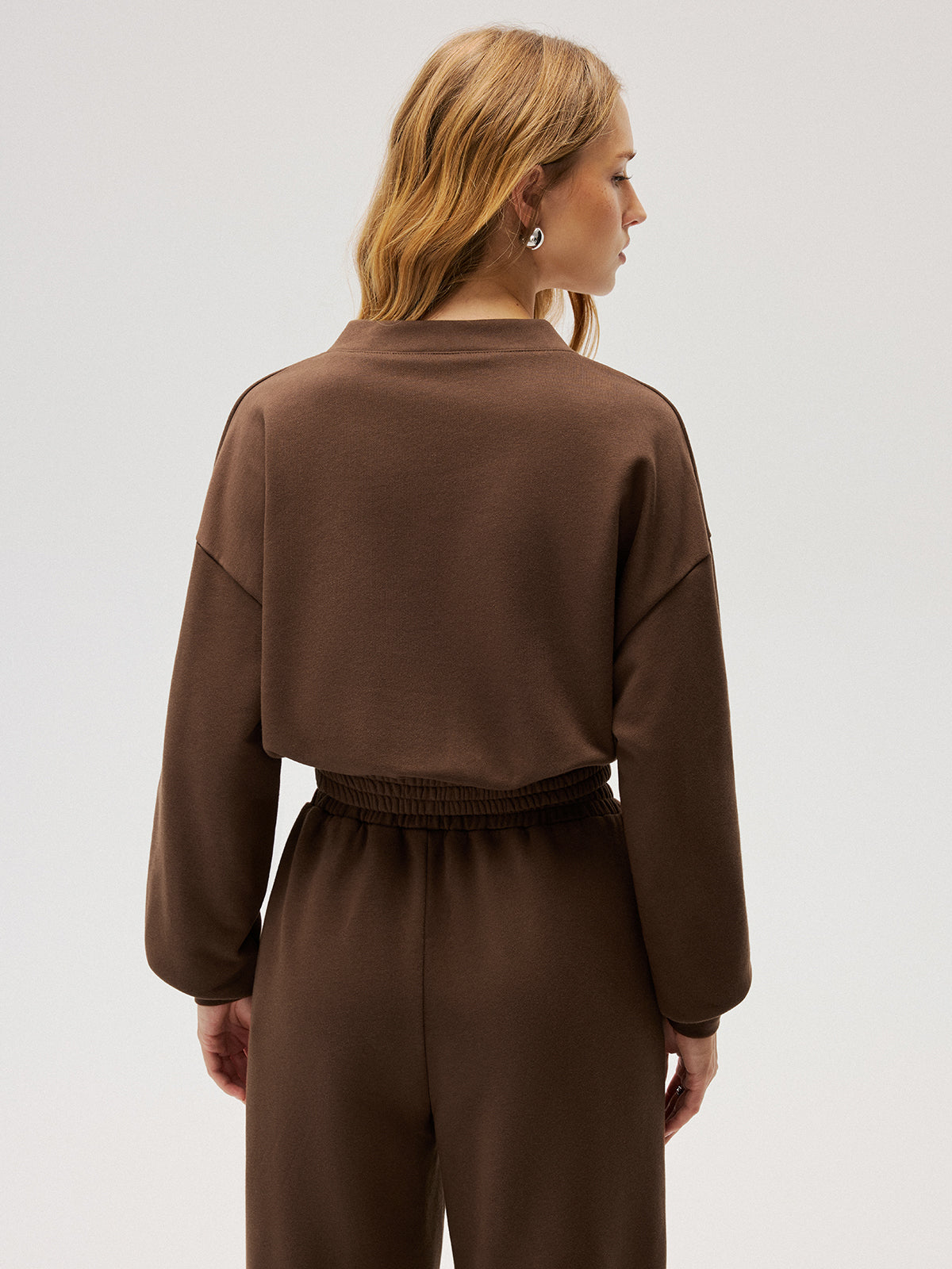 Elastic-Waist Button-Front Cropped Sweatshirt
