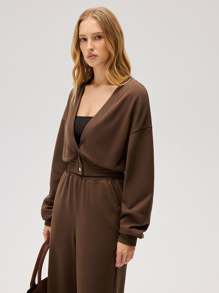 Elastic-Waist Button-Front Cropped Sweatshirt